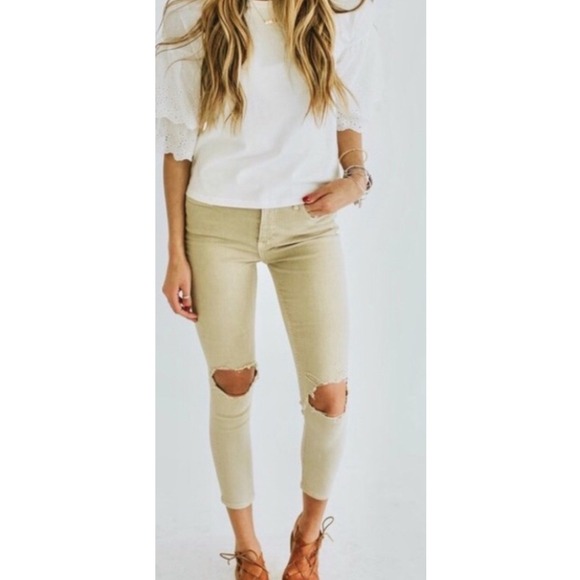 Free People Denim - Free People Womens High Rise Busted Distressed Skinny Jeans Khaki‎ Tan size 27